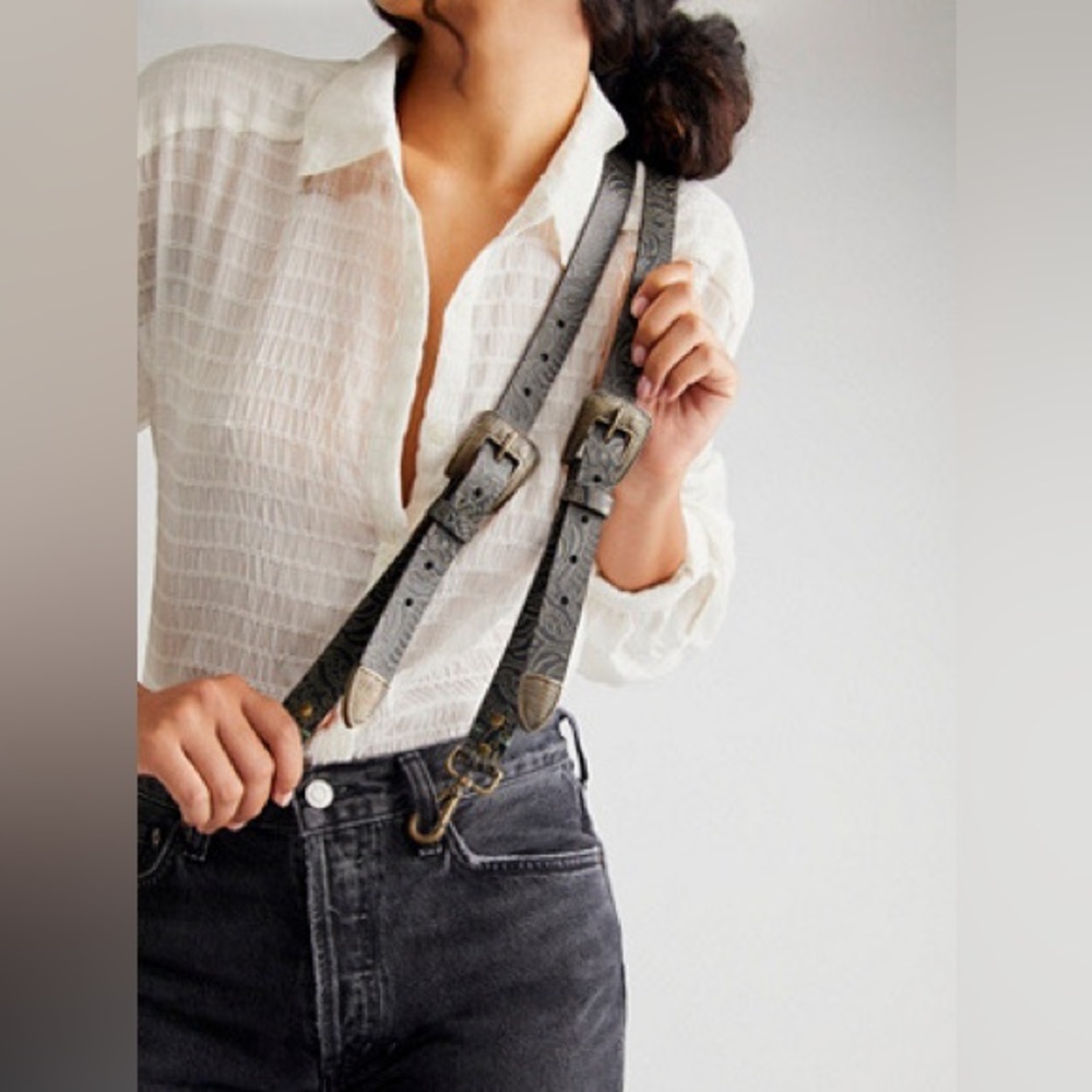 Free People Western Tooled Leather Suspenders Belted Boho Floral Pattern Carved